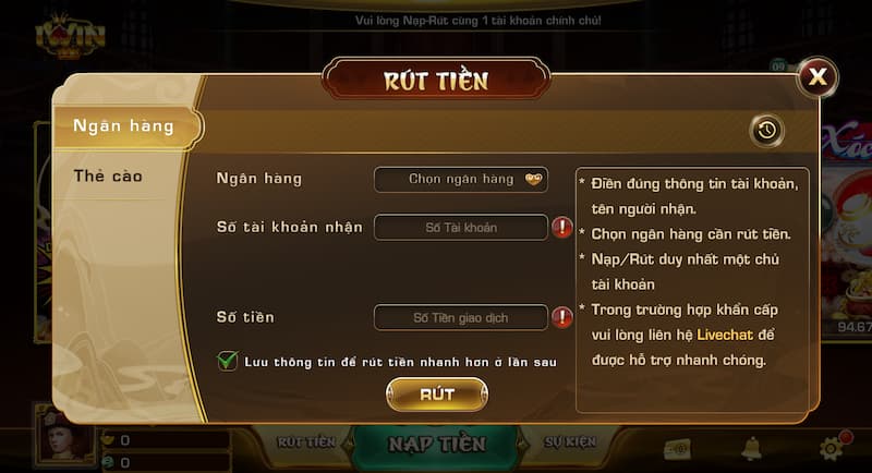 Hình thức rút qua ngân hàng tại cổng game KUBET 